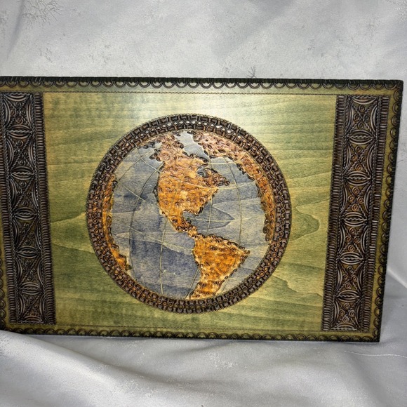 Other - VTG Wooden Handcarved Etched Box‎ Old World Map Americas Poland Made Hinged